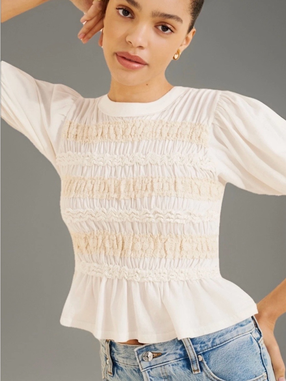 Free People NWT Maxey Smocked Ruffled Cream Puffed Half Sleeve Knit Top, XS - Picture 4 of 12